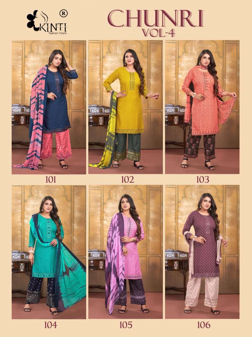 Chunri Vol-4 By Kinti 101 To 106 Series Beautiful Suits Colorful Stylish Fancy Casual Wear & Ethnic Wear Heavy Rayon Dresses At Wholesale Price