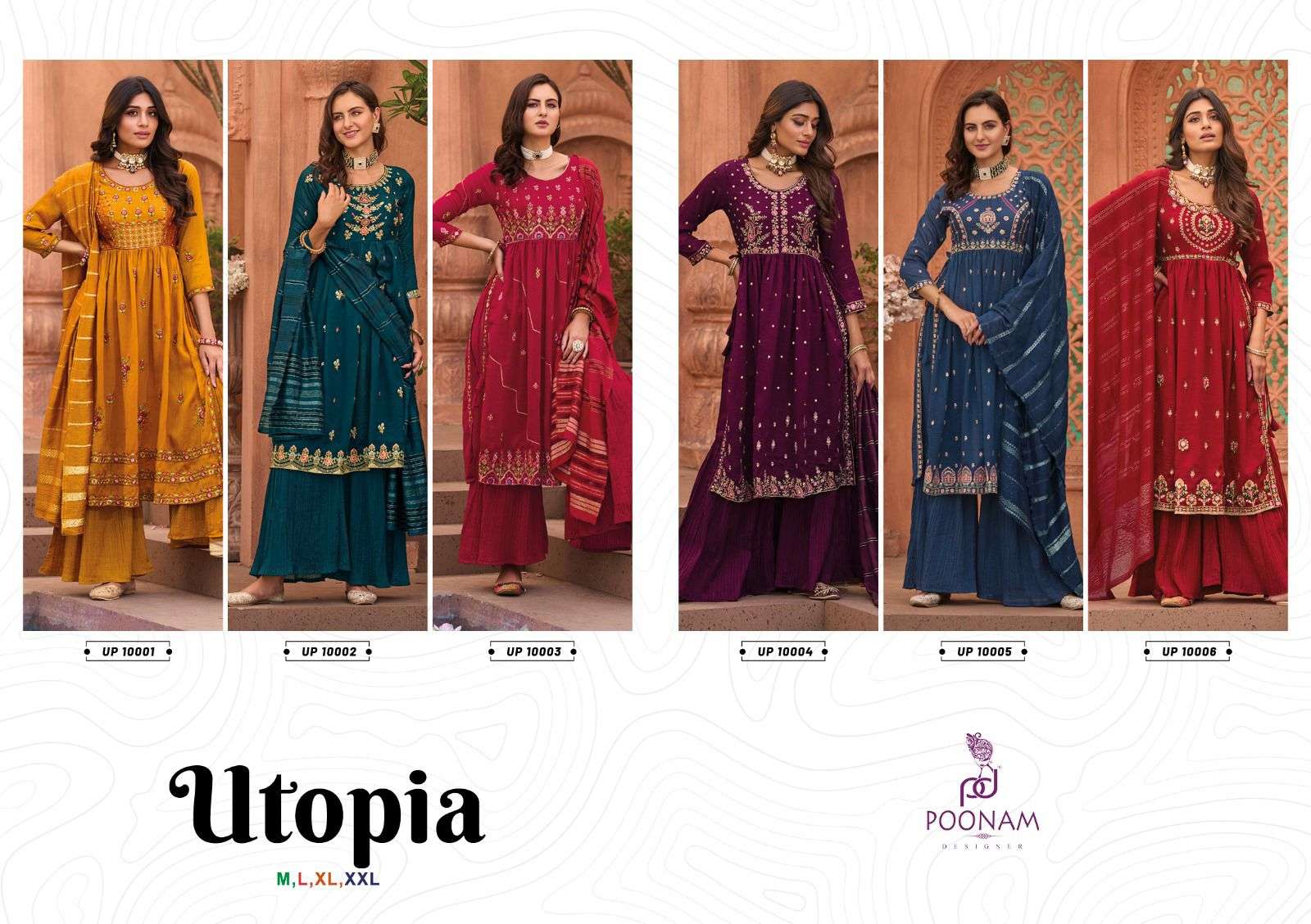 Utopia By Poonam Designer 10001 To 10006 Series Beautiful Sharara Suits Colorful Stylish Fancy Casual Wear & Ethnic Wear Pure Vichitra Dresses At Wholesale Price