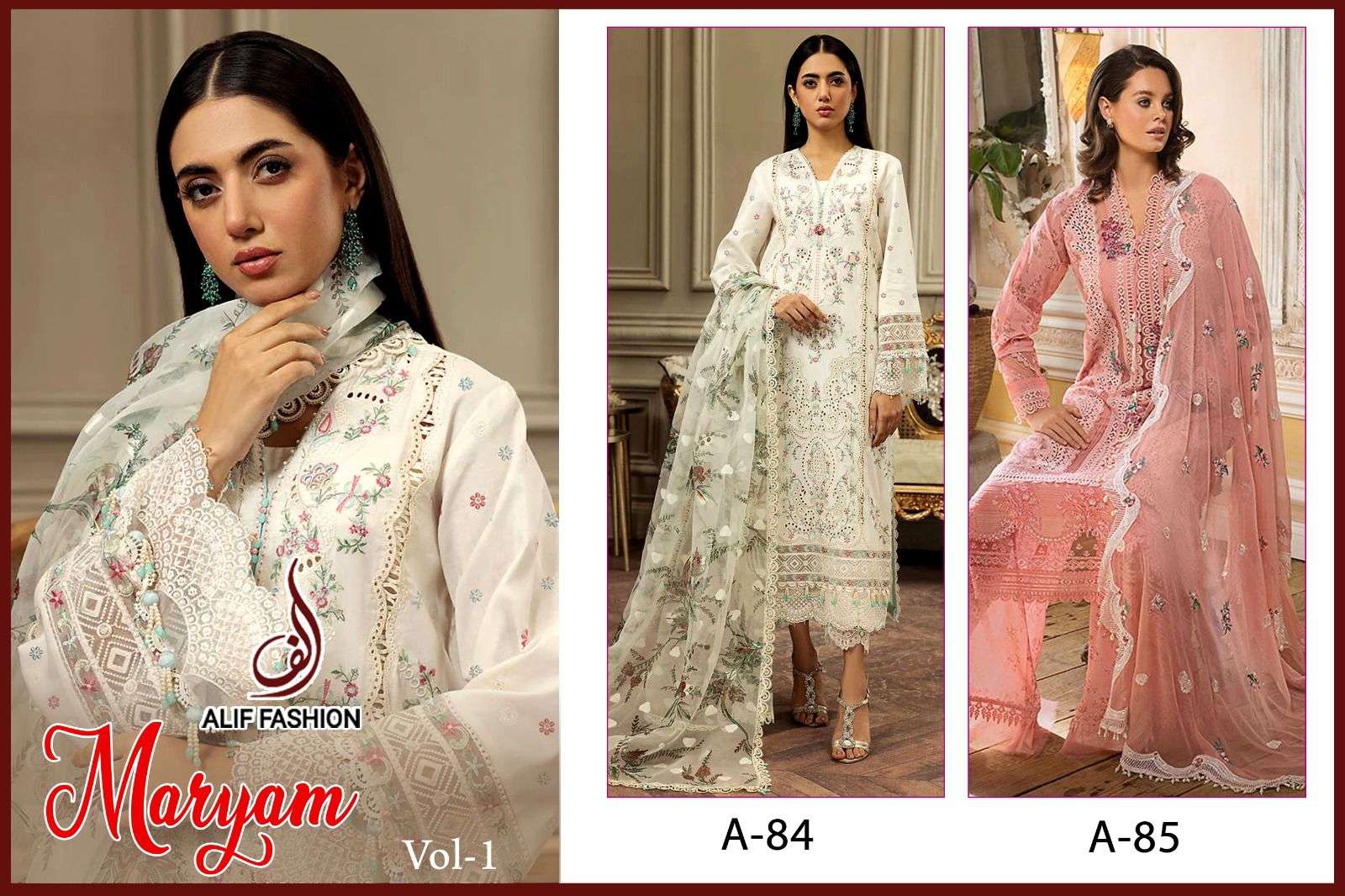 Maryam Vol-1 By Alif Fashion 84 To 85 Series Beautiful Pakistani Suits Stylish Colorful Fancy Casual Wear & Ethnic Wear Pure Cambric Cotton Embroidered Dresses At Wholesale Price