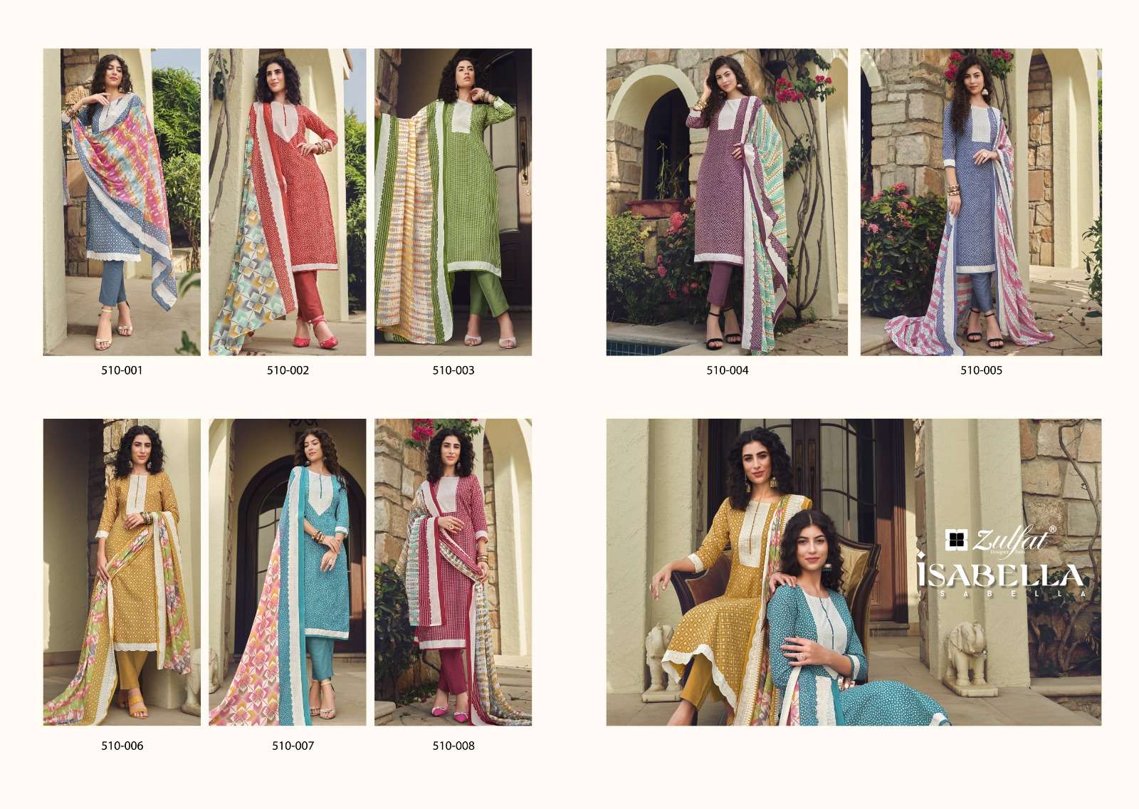 Isabella By Zulfat 510-001 To 510-008 Series Designer Suits Collection Beautiful Stylish Colorful Fancy Party Wear & Occasional Wear Pure Cotton Dresses At Wholesale Price