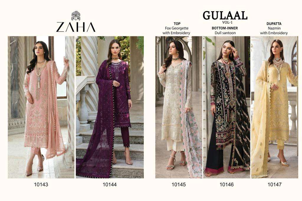 Gulaal Vol-1 By Zaha 10143 To 10147 Series Designer Pakistani Suits Beautiful Stylish Fancy Colorful Party Wear & Occasional Wear Faux Georgette Embroidered Dresses At Wholesale Price