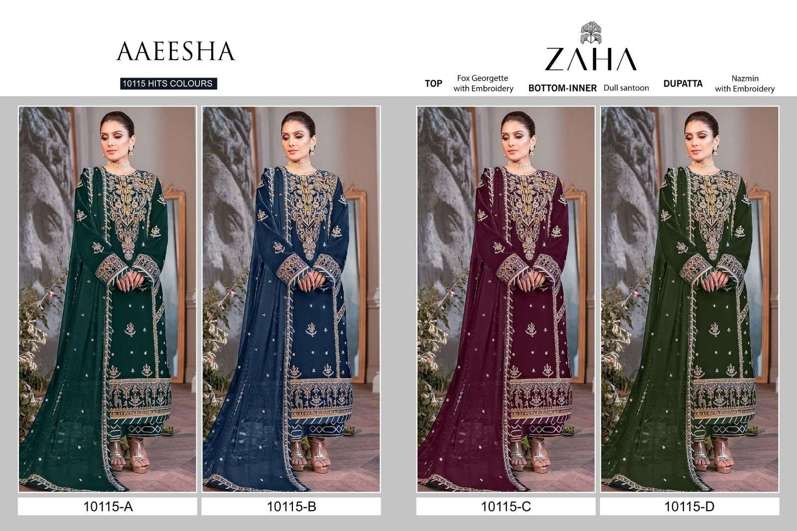 Aaeesha 10115 Colours By Zaha 10115-A To 10115-D Series Beautiful Pakistani Suits Colorful Stylish Fancy Casual Wear & Ethnic Wear Faux Georgette Embroidered Dresses At Wholesale Price