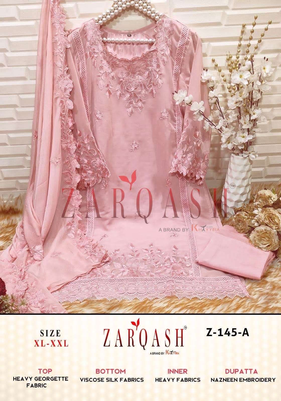Zarqash Hit Design Z-145 Colours By Zarqash Z-145-A To Z-145-D Series Designer Festive Pakistani Suits Collection Beautiful Stylish Fancy Colorful Party Wear & Occasional Wear Faux Georgette Embroidered Dresses At Wholesale Price