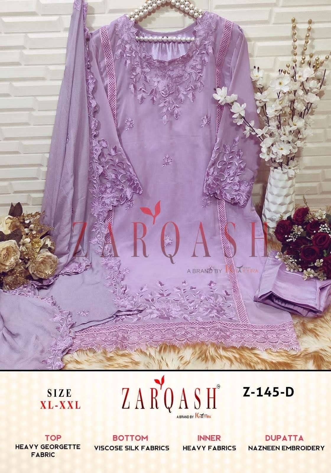 Zarqash Hit Design Z-145 Colours By Zarqash Z-145-A To Z-145-D Series Designer Festive Pakistani Suits Collection Beautiful Stylish Fancy Colorful Party Wear & Occasional Wear Faux Georgette Embroidered Dresses At Wholesale Price