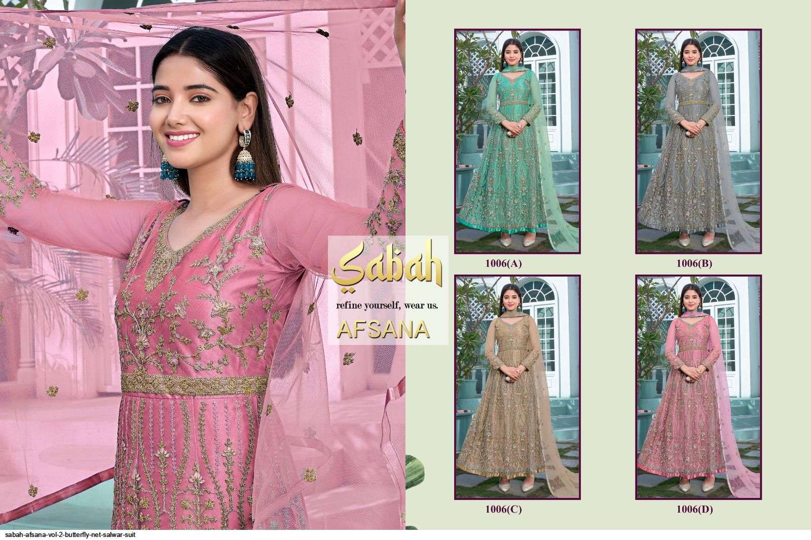 Afsana Vol-2 By Sabah 1006-A To 1006-D Series Beautiful Stylish Anarkali Suits Fancy Colorful Casual Wear & Ethnic Wear & Ready To Wear Net Dresses At Wholesale Price