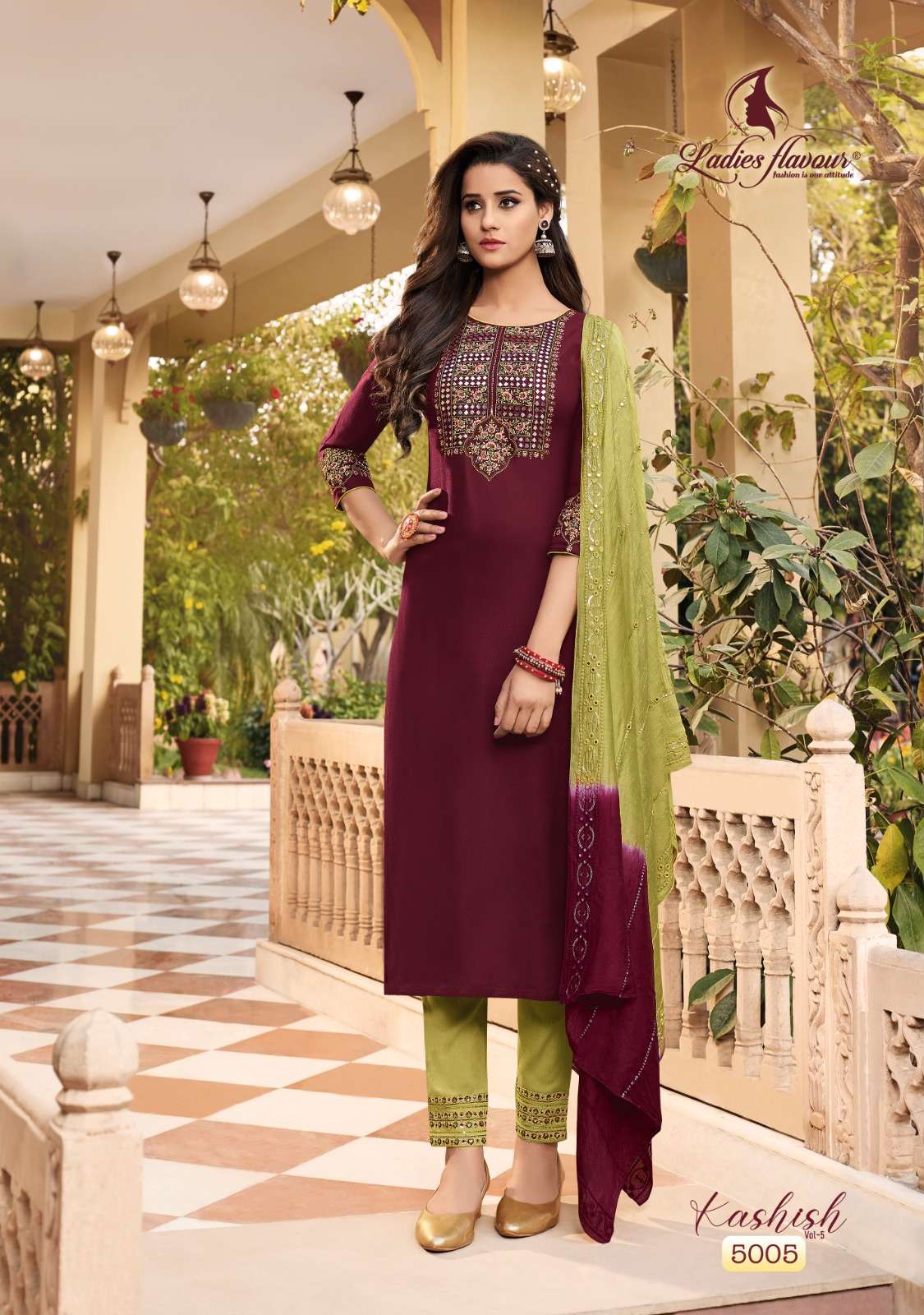 Kashish Vol-5 By Ladies Flavour 5001 To 5006 Series Beautiful Sharara Suits Colorful Stylish Fancy Casual Wear & Ethnic Wear Pure Rayon Embroidered Dresses At Wholesale Price