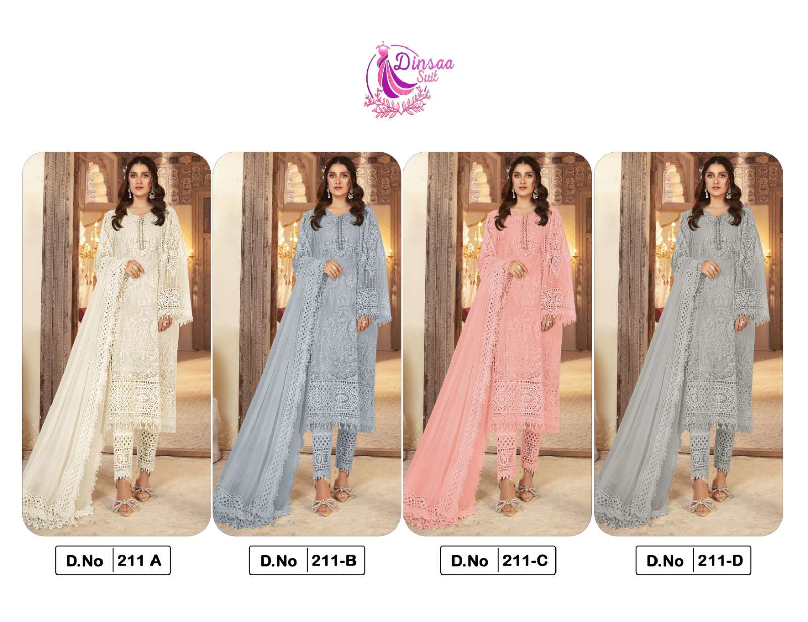 Dinsaa Hit Design 211 Colours By Dinsaa Suits 211-A To 211-D Series Beautiful Stylish Pakistani Suits Fancy Colorful Casual Wear & Ethnic Wear & Ready To Wear Heavy Organza Embroidery Dresses At Wholesale Price