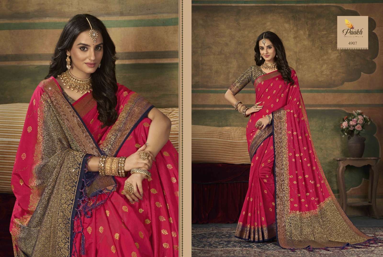 Sumitra Silk By Pankh Creation 4900 To 4909 Series Indian Traditional Beautiful Stylish Designer Banarasi Silk Jacquard Embroidered Party Wear Dola Silk Sarees At Wholesale Price
