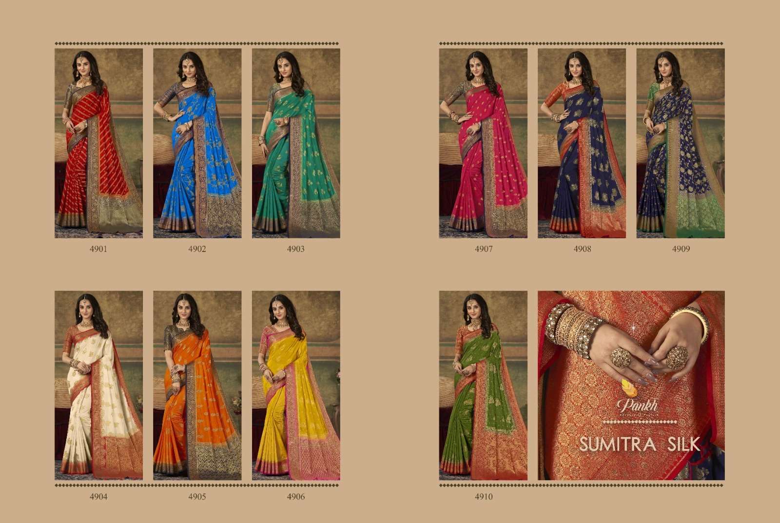Sumitra Silk By Pankh Creation 4900 To 4909 Series Indian Traditional Beautiful Stylish Designer Banarasi Silk Jacquard Embroidered Party Wear Dola Silk Sarees At Wholesale Price