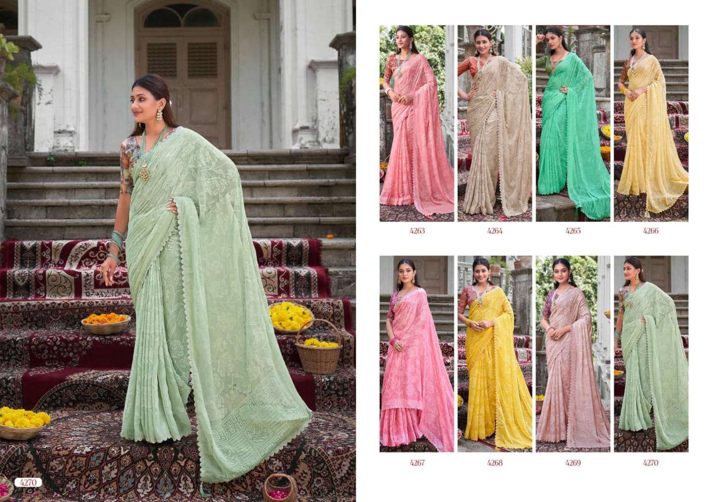 Kinjal Brasso Vol-2 By 5D Designer 4263 To 4270 Series Indian Traditional Wear Collection Beautiful Stylish Fancy Colorful Party Wear & Occasional Wear Chiffon Sarees At Wholesale Price