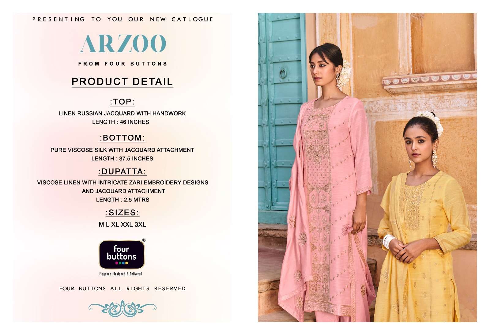 Arzoo By Four Buttons 3211 To 3216 Series Designer Festive Suits Beautiful Fancy Stylish Colorful Party Wear & Occasional Wear Linen Jacquard Dresses At Wholesale Price