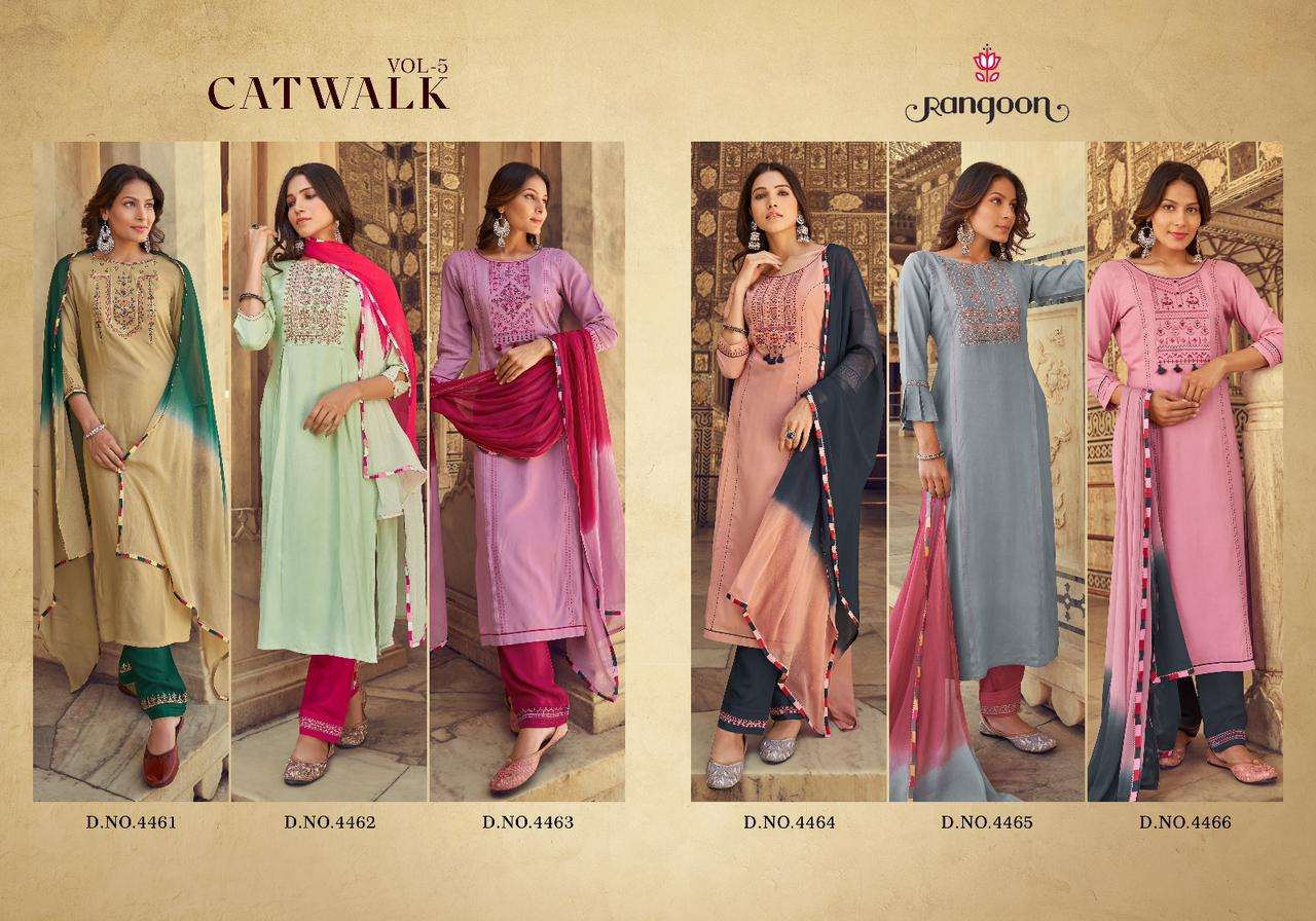 Catwalk Vol-5 By Rangoon 4461 To 4466 Series Designer Festive Suits Beautiful Fancy Stylish Colorful Party Wear & Occasional Wear Heavy Rayon Dresses At Wholesale Price