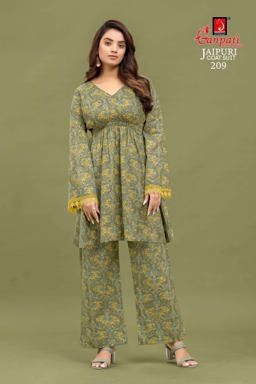 Jaipuri Coat Suit Vol-2 By Ganpati Cotton Suits 201 To 210 Series Beautiful Stylish Fancy Colorful Casual Wear & Ethnic Wear Fancy Kurtis With Bottom At Wholesale Price