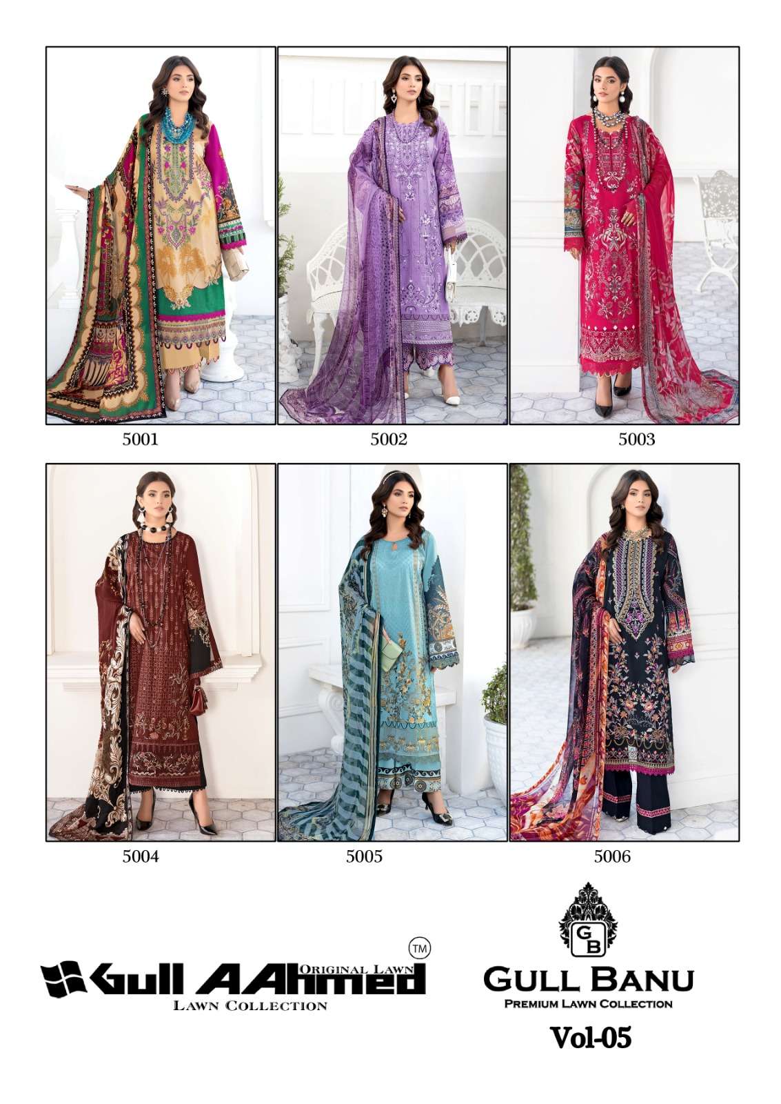 Gull Banu Vol-5 By Gull Aahmed 5001 To 5006 Series Beautiful Festive Suits Colorful Stylish Fancy Casual Wear & Ethnic Wear Pure Lawn Print Dresses At Wholesale Price