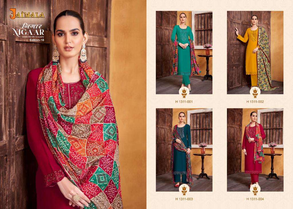 Nigaar Vol-16 By Jaimala 1311-001 To 1311-004 Series Beautiful Festive Suits Colorful Stylish Fancy Casual Wear & Ethnic Wear Pure Rayon Slub Embroidered Dresses At Wholesale Price