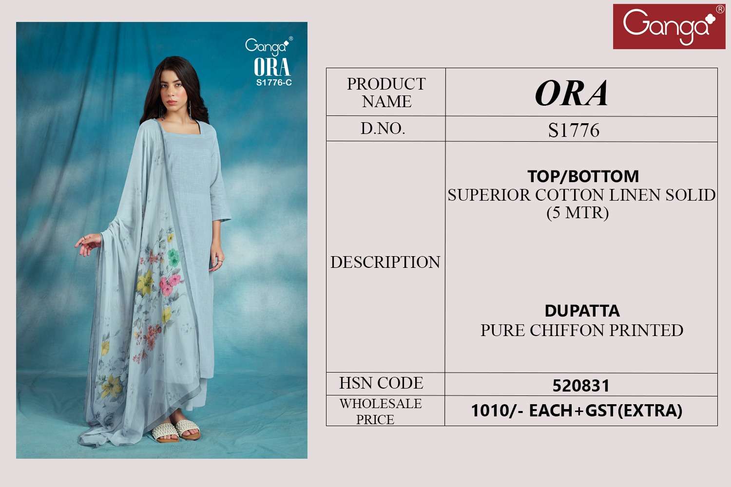 Ora-1776 By Ganga Fashion 1776-A To 1776-D Series Beautiful Stylish Festive Suits Fancy Colorful Casual Wear & Ethnic Wear & Ready To Wear Cotton Linen Dresses At Wholesale Price