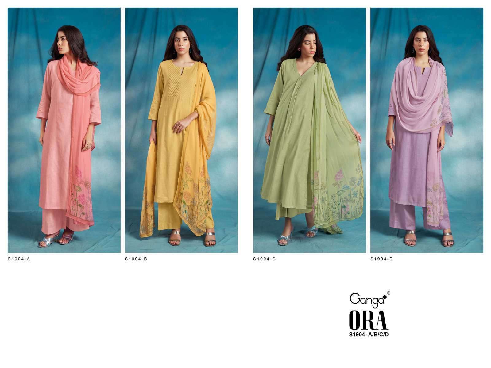 Ora-1904 By Ganga Fashion 1904-A To 1904-D Series Beautiful Stylish Festive Suits Fancy Colorful Casual Wear & Ethnic Wear & Ready To Wear Cotton Linen Dresses At Wholesale Price