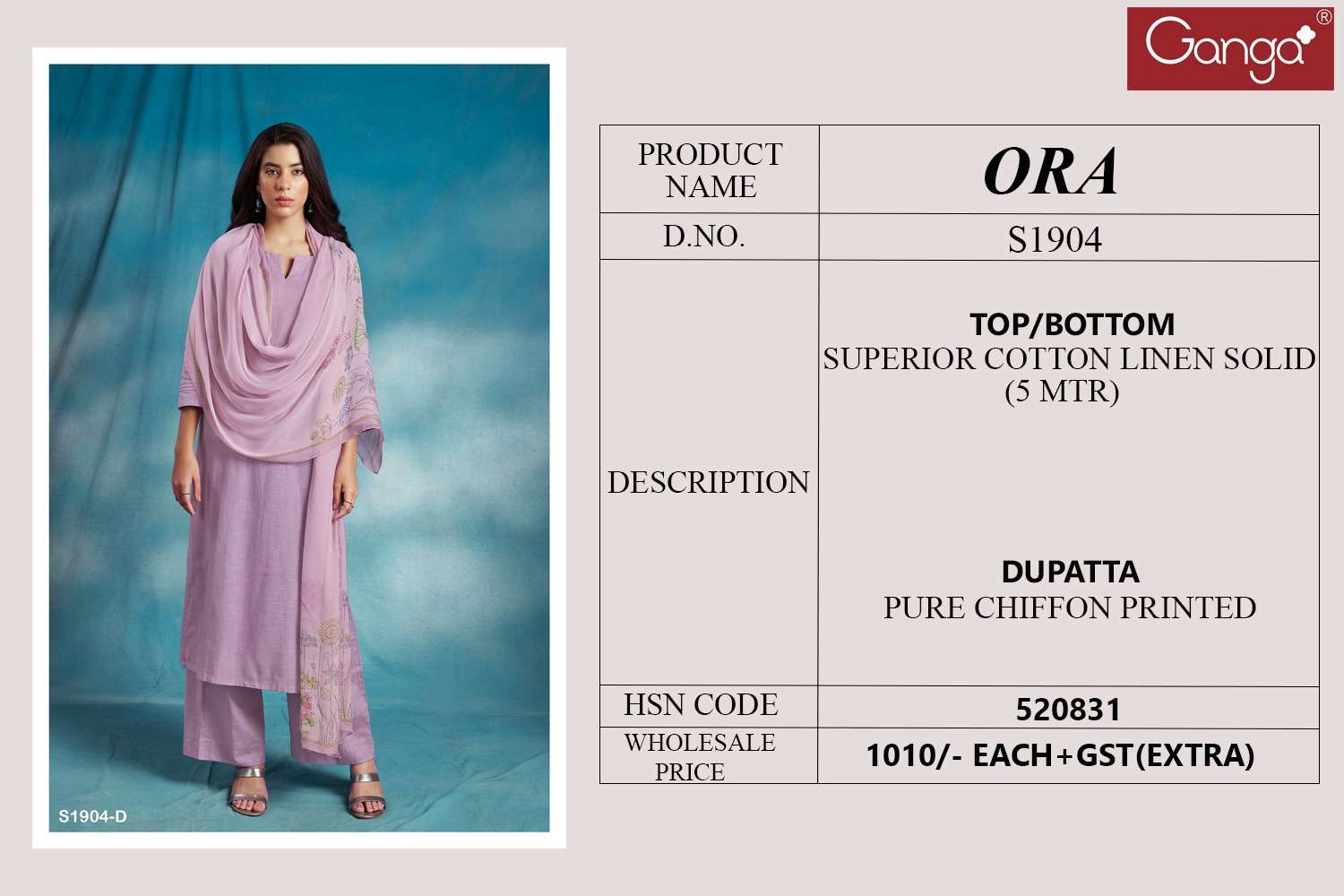 Ora-1904 By Ganga Fashion 1904-A To 1904-D Series Beautiful Stylish Festive Suits Fancy Colorful Casual Wear & Ethnic Wear & Ready To Wear Cotton Linen Dresses At Wholesale Price