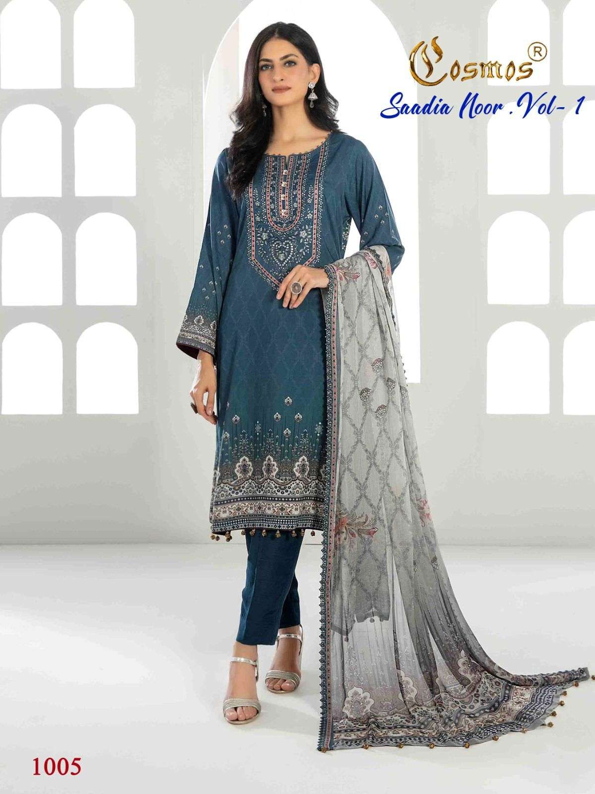 Saadia Noor Vol-1 By Cosmos 1001 To 1008 Series Beautiful Pakistani Suits Colorful Stylish Fancy Casual Wear & Ethnic Wear Pure Lawn With Embroidered Dresses At Wholesale Price