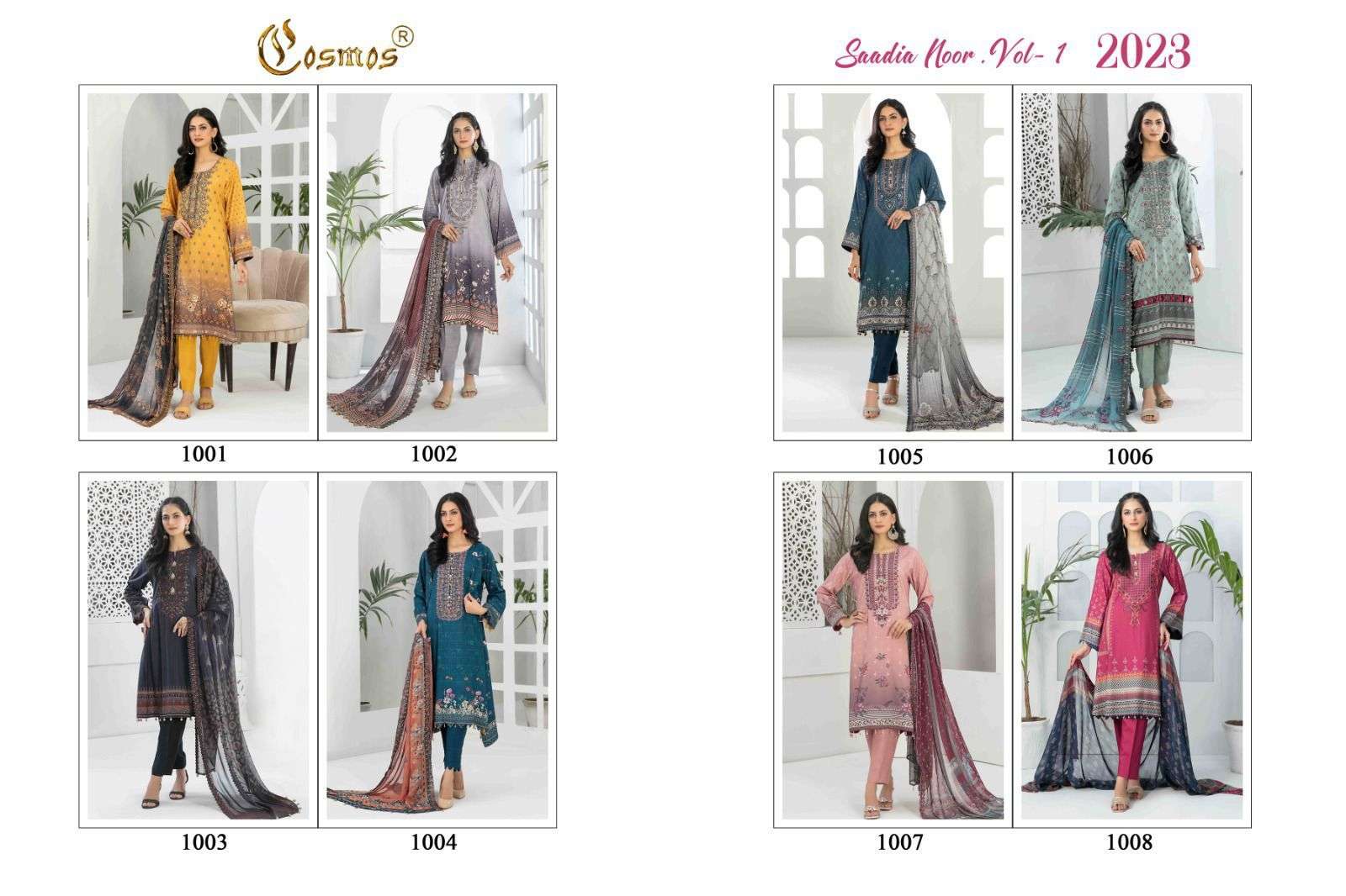 Saadia Noor Vol-1 By Cosmos 1001 To 1008 Series Beautiful Pakistani Suits Colorful Stylish Fancy Casual Wear & Ethnic Wear Pure Lawn With Embroidered Dresses At Wholesale Price