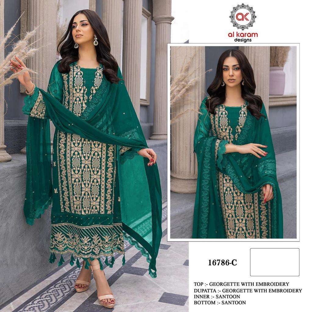 Al Karam 16786 Colours By Al Karam Designs 16786-A To 16786-E Series Beautiful Pakistani Suits Colorful Stylish Fancy Casual Wear & Ethnic Wear Heavy Georgette Embroidered Dresses At Wholesale Price