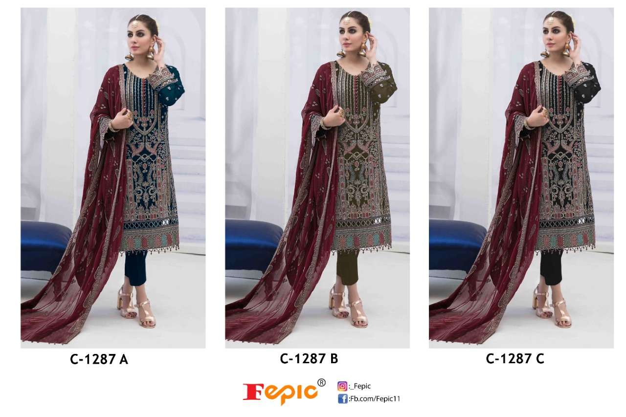 Fepic 1287 Colours By Fepic 1287-A To 1287-C Series Beautiful Pakistani Suits Colorful Stylish Fancy Casual Wear & Ethnic Wear Georgette Embroidered Dresses At Wholesale Price