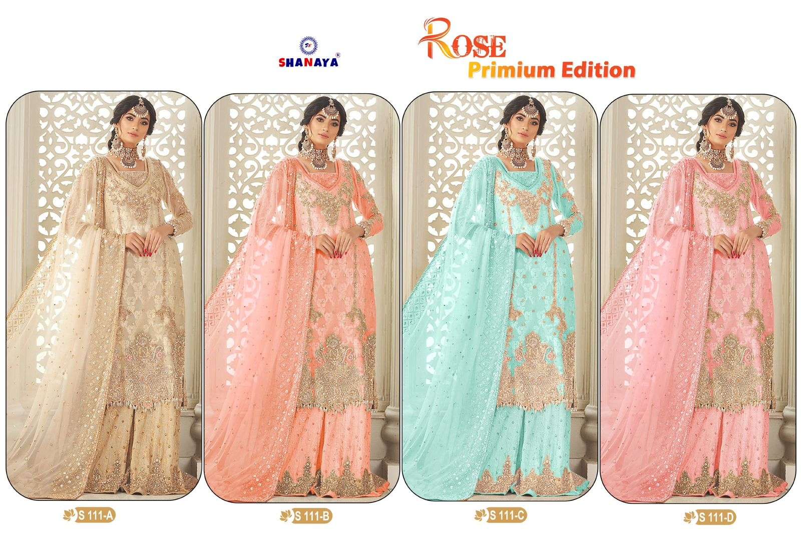 Rose Premium Edition By Shanaya Fashion S-111-A To S-111-D Series Pakistani Suits Beautiful Fancy Colorful Stylish Party Wear & Occasional Wear Faux Georgette With Embroidery Dresses At Wholesale Price