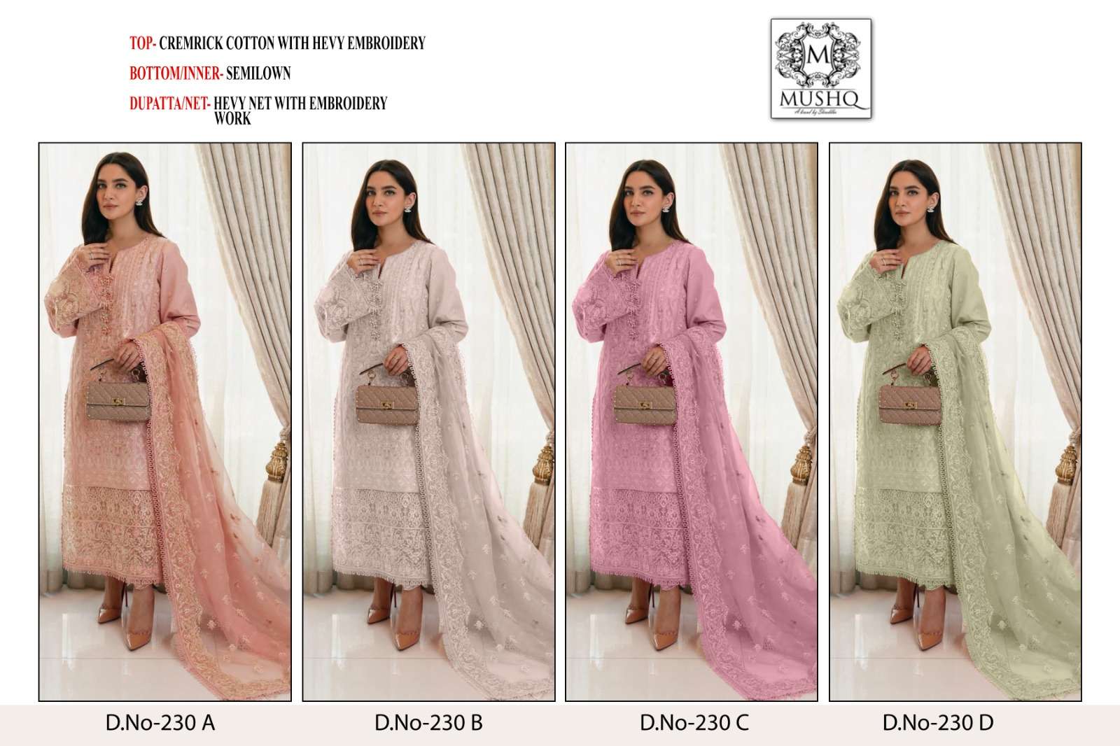 Mushq Hit Design 230 Colours By Mushq 230-A To 230-D Series Designer Festive Pakistani Suits Collection Beautiful Stylish Fancy Colorful Party Wear & Occasional Wear Pure Cotton With Embroidered Dresses At Wholesale Price