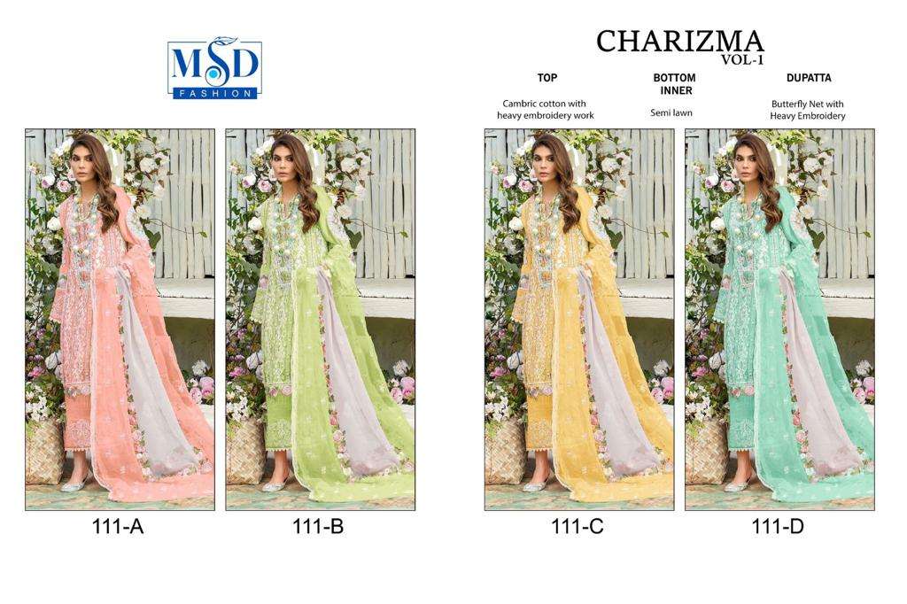 Charizma Vol-1 By Msd Fashion 111-A To 111-D Series Pakistani Suits Beautiful Fancy Colorful Stylish Party Wear & Occasional Wear Cambric Cotton Embroidered Dresses At Wholesale Price