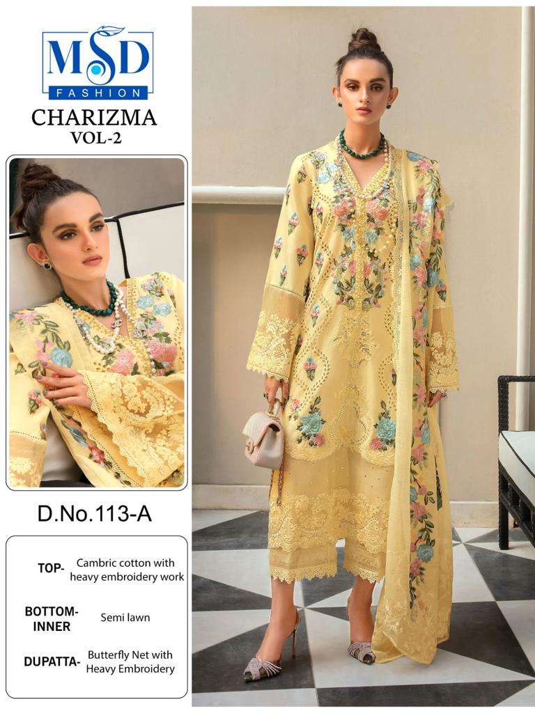 Charizma Vol-2 By Msd Fashion 113-A To 113-D Series Pakistani Suits Beautiful Fancy Colorful Stylish Party Wear & Occasional Wear Cambric Cotton Embroidered Dresses At Wholesale Price