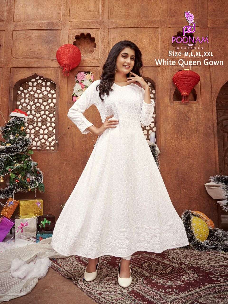 White Queen Gown By Poonam Designer 1001 To 1006 Series Designer Stylish Fancy Colorful Beautiful Party Wear & Ethnic Wear Collection Rayon With Work Gowns With Dupatta At Wholesale Price