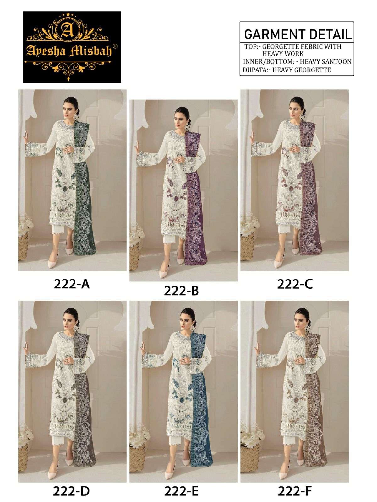 Ayesha Misbah 222 Colours By Fashid Wholesale 222-A To 222-F Series Beautiful Winter Collection Pakistani Suits Stylish Fancy Colorful Casual Wear & Ethnic Wear Heavy Georgette Embroidery Dresses At Wholesale Price