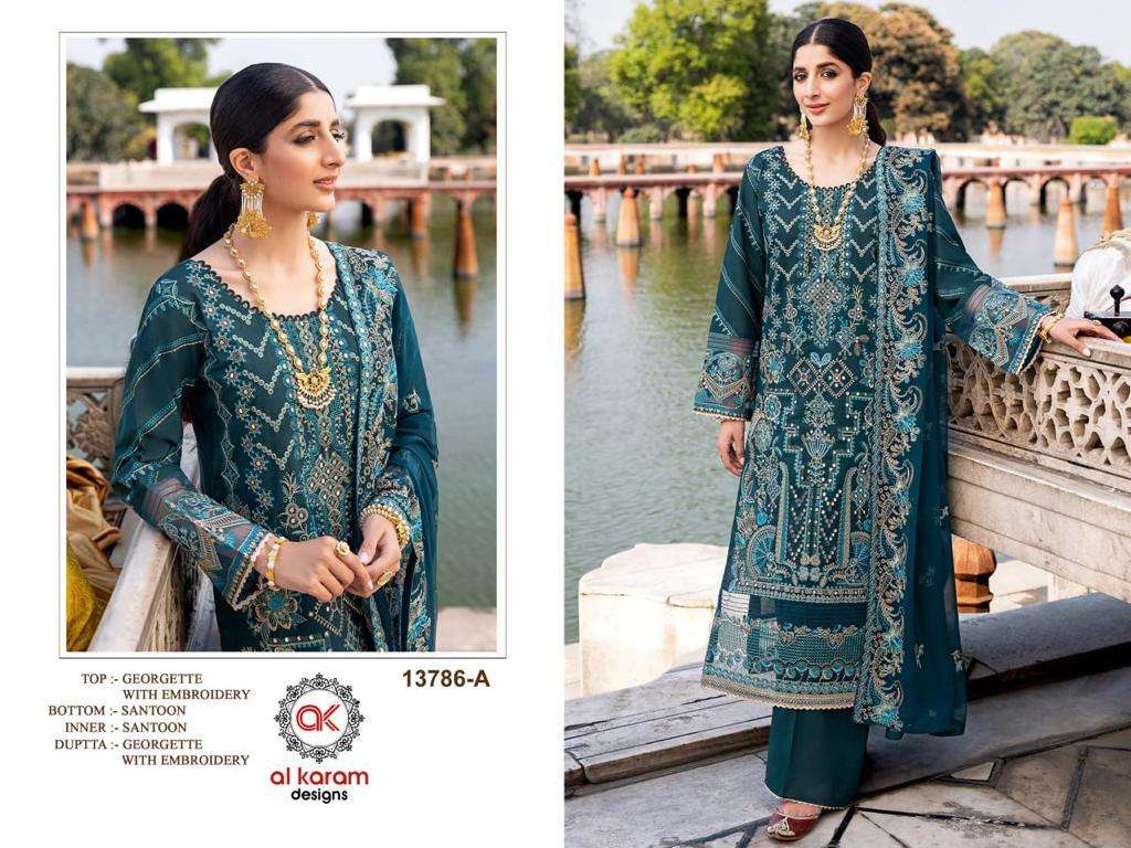 Al Karam 13786 Colours By Al Karam Designs 13786-A To 13786-E Series Beautiful Pakistani Suits Colorful Stylish Fancy Casual Wear & Ethnic Wear Heavy Georgette Embroidered Dresses At Wholesale Price