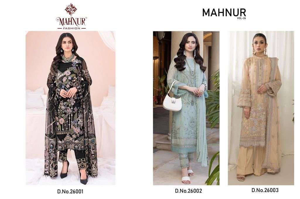 Mahnur Vol-26 By Mahnur Fashion 26001 To 26003 Series Beautiful Pakistani Suits Colorful Stylish Fancy Casual Wear & Ethnic Wear Faux Georgette Embroidery Dresses At Wholesale Price