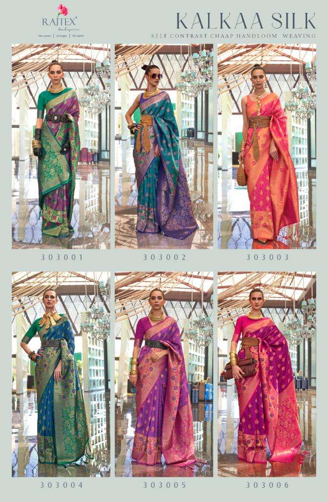 Kalkaa Silk By Raj Tex 303001 To 303006 Series Indian Traditional Wear Collection Beautiful Stylish Fancy Colorful Party Wear & Occasional Wear Handloom Weaving Sarees At Wholesale Price
