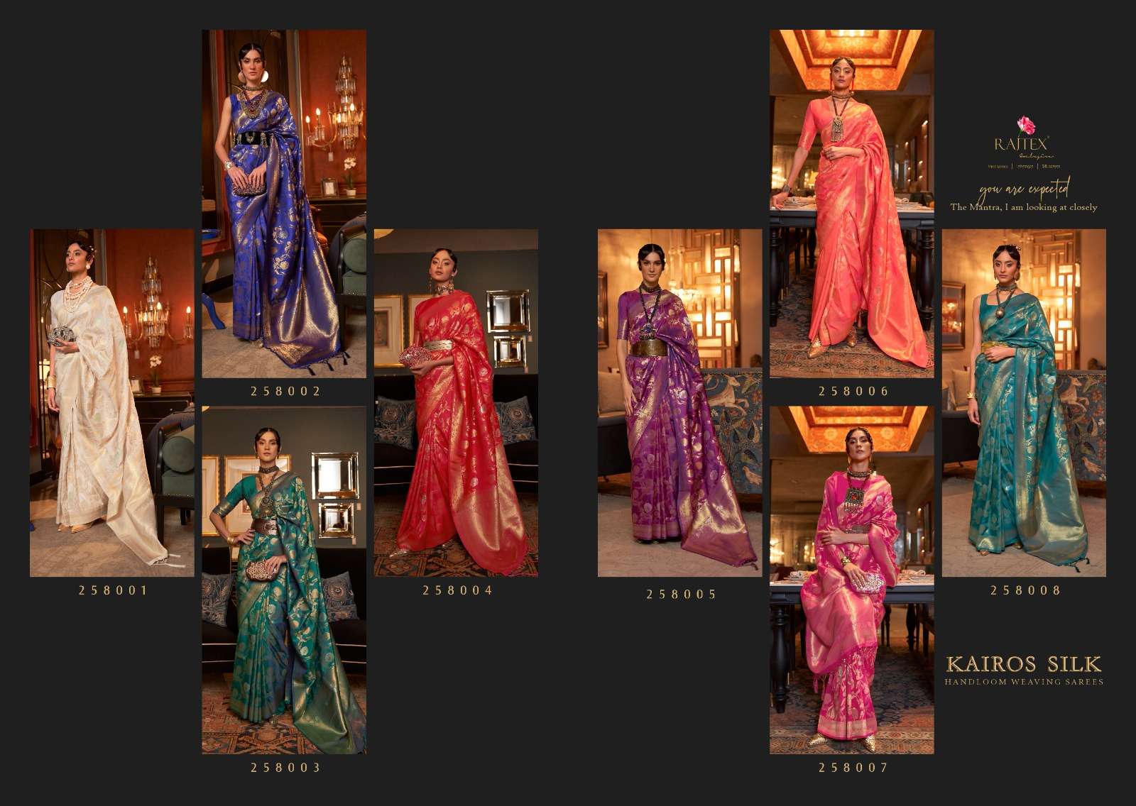 Kairos Silk By Raj Tex 258001 To 258008 Series Indian Traditional Wear Collection Beautiful Stylish Fancy Colorful Party Wear & Occasional Wear Handloom Silk Sarees At Wholesale Price