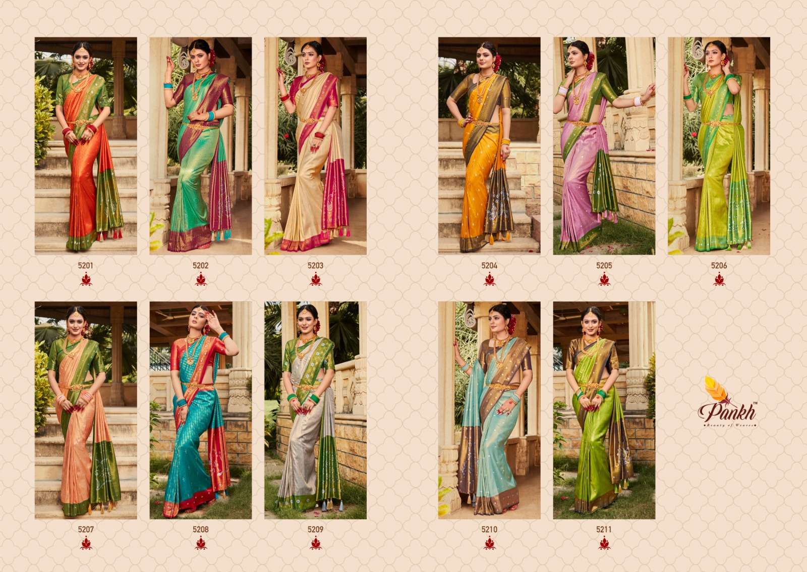 Virasat Vol-1 By Pankh Creation 5201 To 5211 Series Indian Traditional Wear Collection Beautiful Stylish Fancy Colorful Party Wear & Occasional Wear Kanjivaram Silk Sarees At Wholesale Price