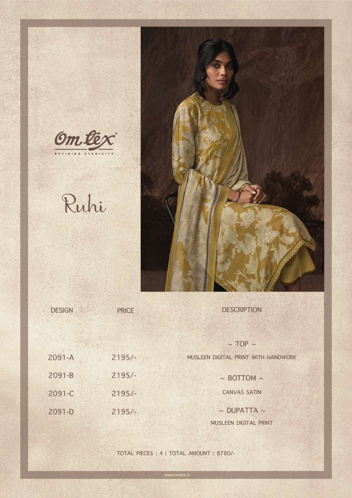 Ruhi By Om Tex 2091-A To 2091-D Series Beautiful Suits Colorful Stylish Fancy Casual Wear & Ethnic Wear Pure Muslin Digital Print Dresses At Wholesale Price
