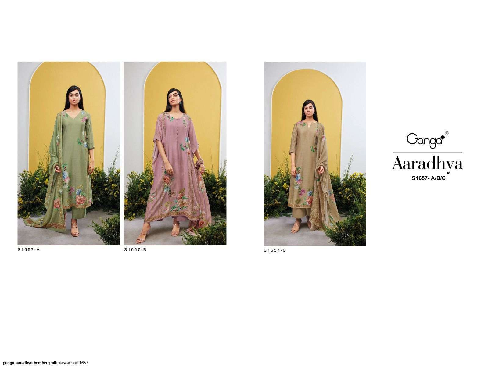 Aaradhya-1657 By Ganga Fashion 1657-A To 1657-C Series Beautiful Suits Colorful Stylish Fancy Casual Wear & Ethnic Wear Bemberg Silk Digital Print Dresses At Wholesale Price
