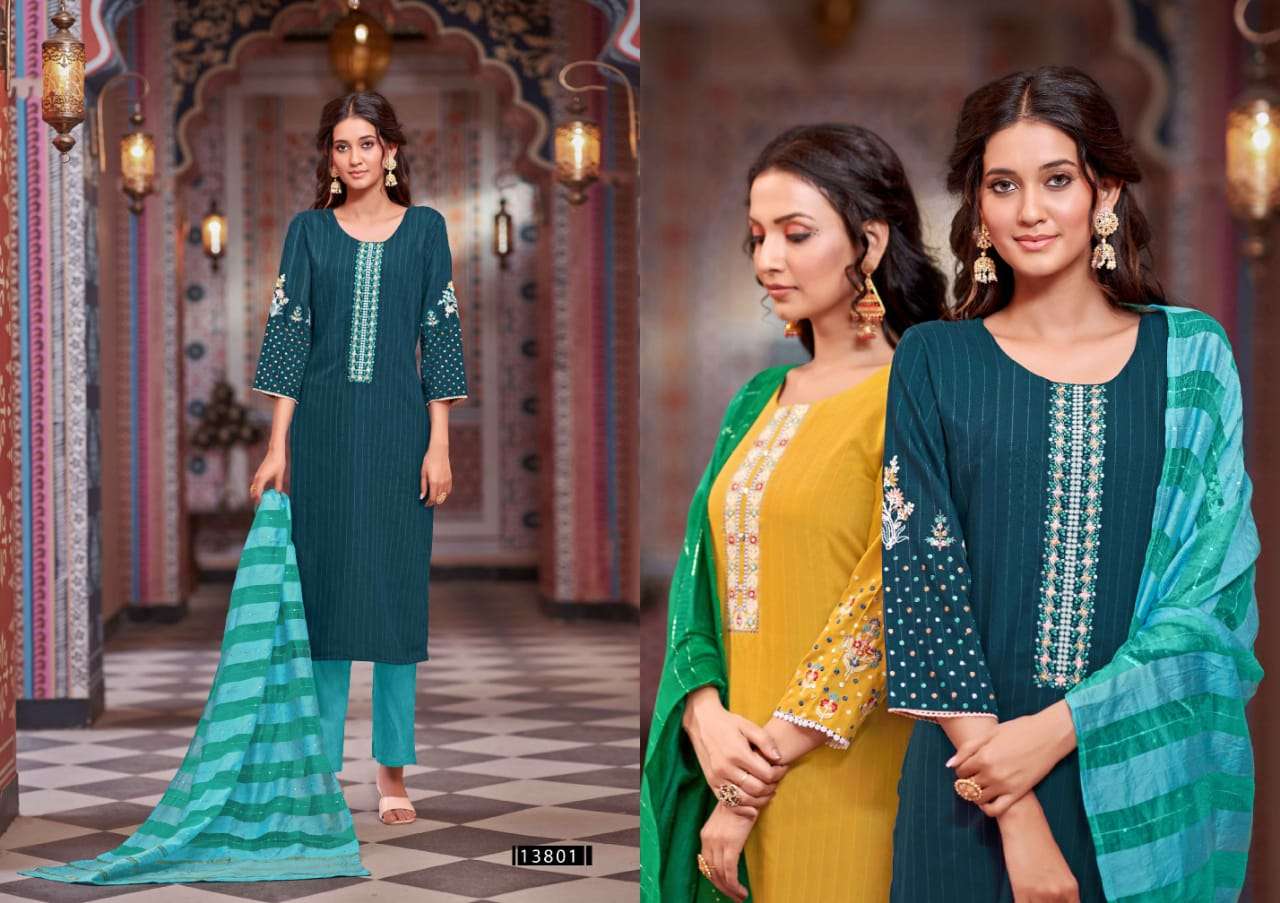 Kalindi By Kalaroop 13800 To 13805 Series Beautiful Stylish Festive Suits Fancy Colorful Casual Wear & Ethnic Wear & Ready To Wear Rayon Embroidered Dresses At Wholesale Price