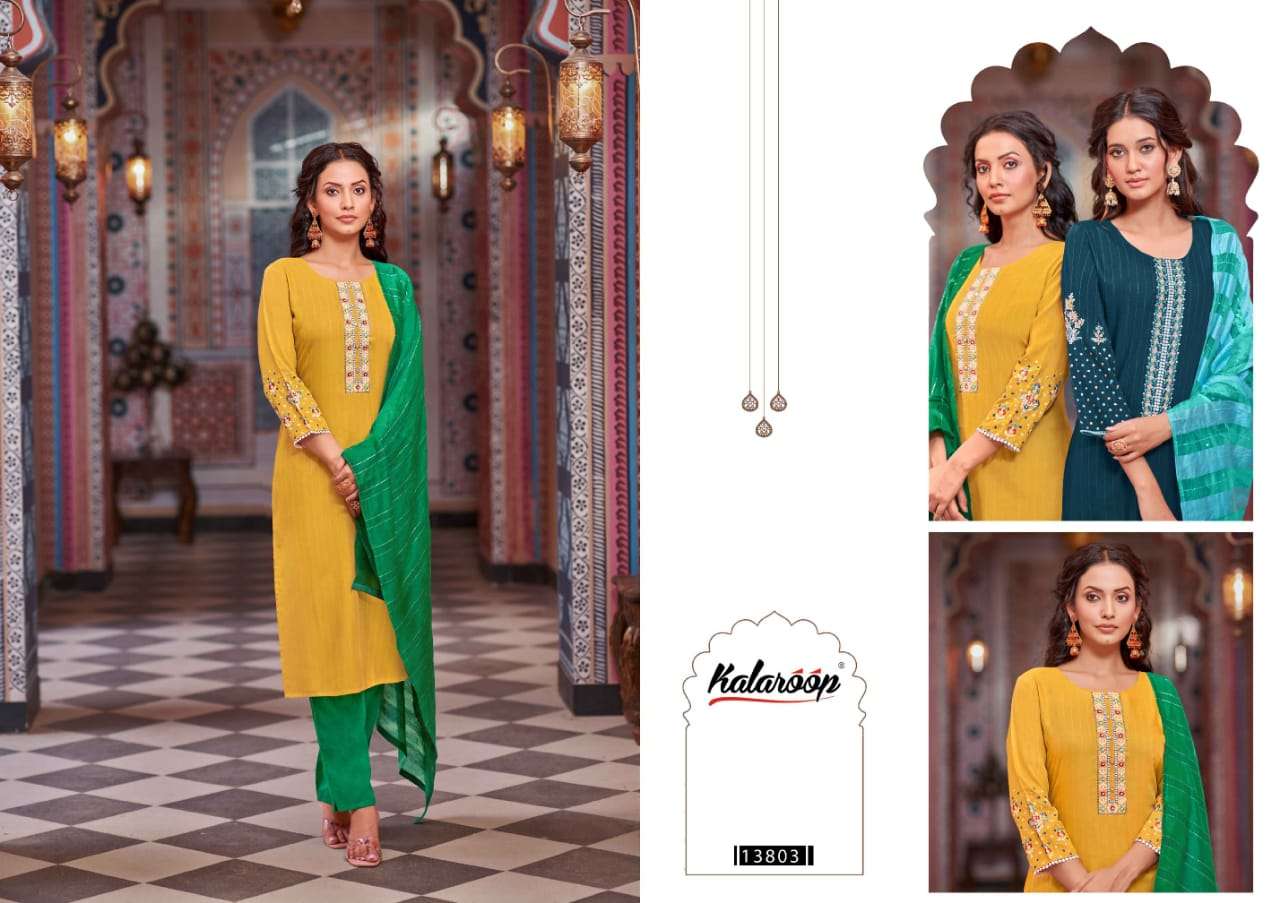 Kalindi By Kalaroop 13800 To 13805 Series Beautiful Stylish Festive Suits Fancy Colorful Casual Wear & Ethnic Wear & Ready To Wear Rayon Embroidered Dresses At Wholesale Price