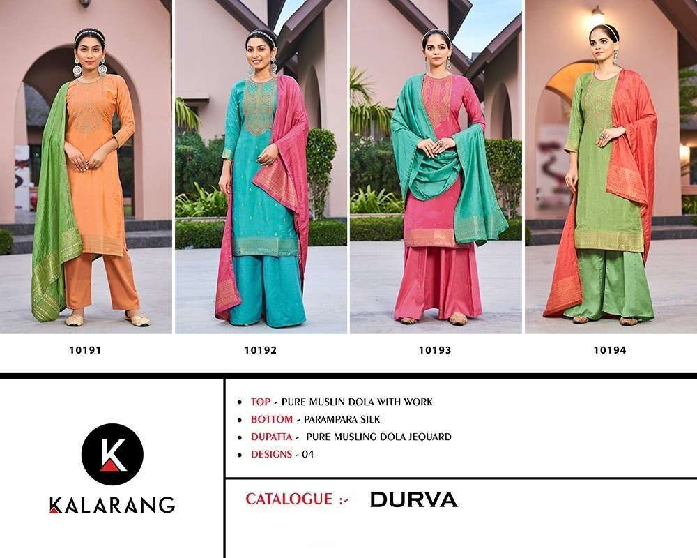 Durva By Kalarang 10191 To 10194 Series Beautiful Indian Suits Colorful Stylish Fancy Casual Wear & Ethnic Wear Pure Muslin Dola Dresses At Wholesale Price