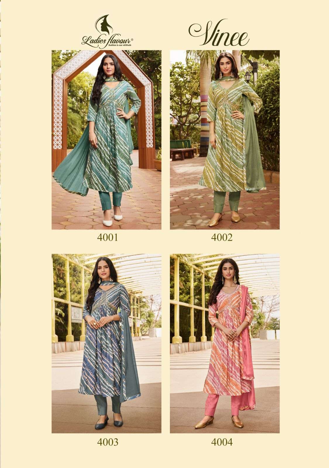 Vinee By Ladies Flavour 4001 To 4004 Series Beautiful Stylish Festive Suits Fancy Colorful Casual Wear & Ethnic Wear & Ready To Wear Chanderi Print Embroidered Dresses At Wholesale Price