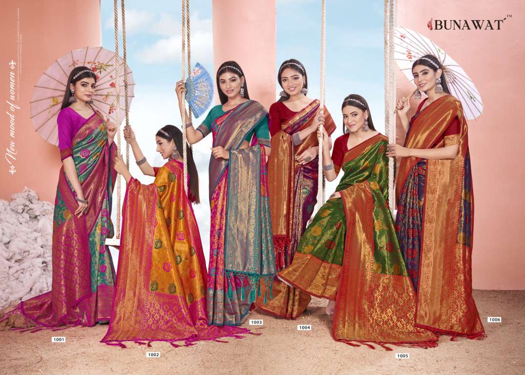 Manisha By Bunawat 1001 To 1006 Series Indian Traditional Wear Collection Beautiful Stylish Fancy Colorful Party Wear & Occasional Wear Kanjivaram Silk Sarees At Wholesale Price