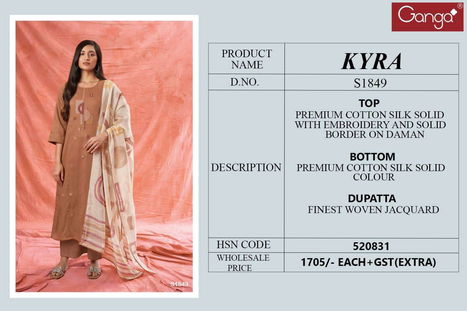 Kyra-1849 By Ganga Fashion Beautiful Stylish Festive Suits Fancy Colorful Casual Wear & Ethnic Wear & Ready To Wear Premium Cotton Silk Print Dresses At Wholesale Price