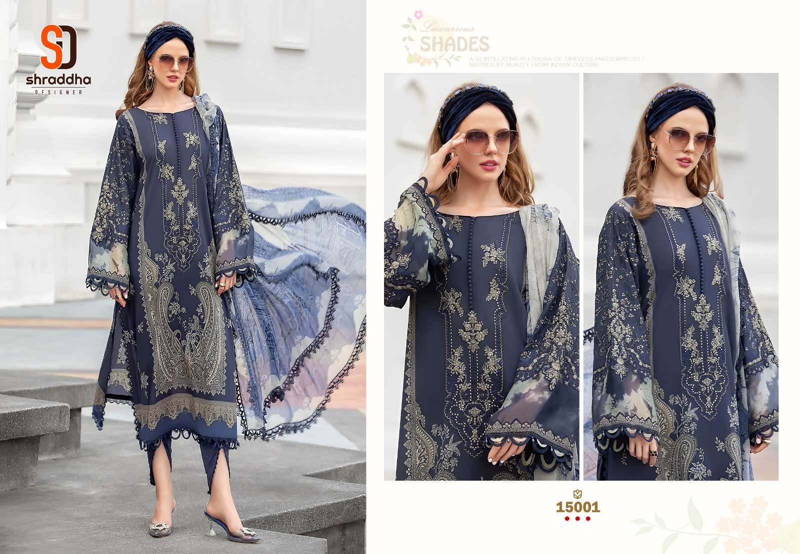 M Prints Vol-15 By Shraddha Designer 15001 To 15004 Series Pakistani Suits Beautiful Fancy Colorful Stylish Party Wear & Occasional Wear Lawn Cotton With Embroidery Dresses At Wholesale Price