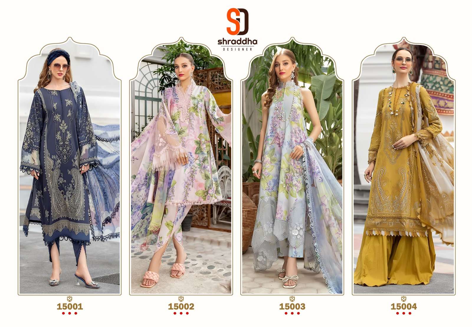 M Prints Vol-15 By Shraddha Designer 15001 To 15004 Series Pakistani Suits Beautiful Fancy Colorful Stylish Party Wear & Occasional Wear Lawn Cotton With Embroidery Dresses At Wholesale Price