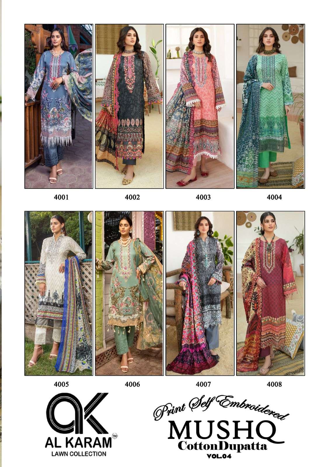 Mushq Vol-4 By Al Karam Lawn Collection 4001 To 4008 Series Designer Festive Suits Beautiful Stylish Fancy Colorful Party Wear & Occasional Wear Pure Cotton Print Dresses At Wholesale Price