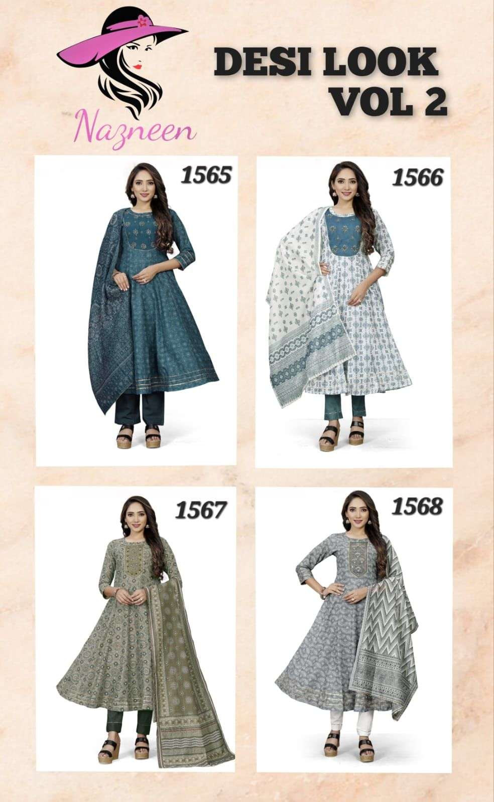 Desi Look Vol-2 By Nazneen 1565 To 1568 Series Designer Festive Anarkali Suits Collection Beautiful Stylish Fancy Colorful Party Wear & Occasional Wear Muslin Cotton Dresses At Wholesale Price