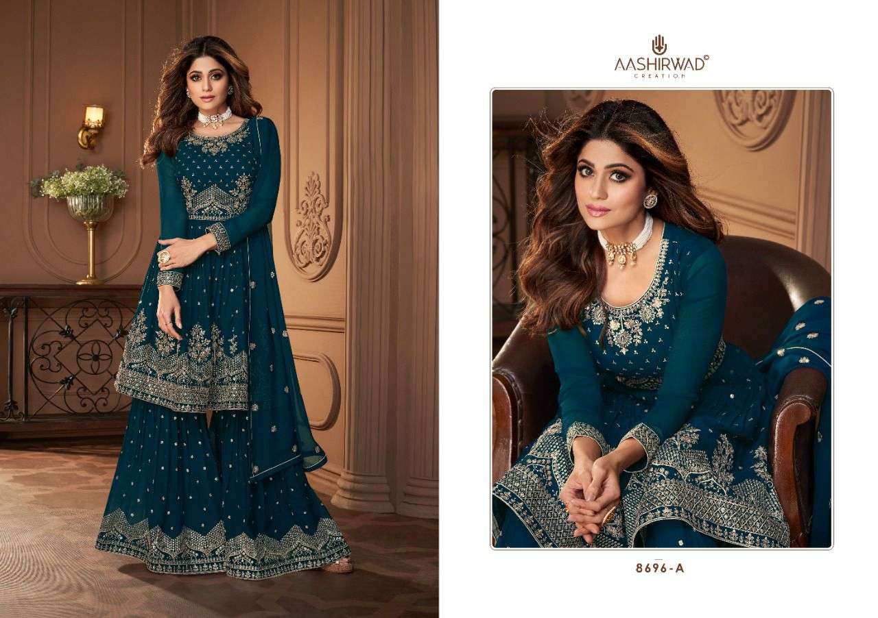 Heroine Gold By Aashirwad Creation 8696-A To 8696-D Series Beautiful Stylish Sharara Suits Fancy Colorful Casual Wear & Ethnic Wear & Ready To Wear Real Georgette Embroidered Dresses At Wholesale Price